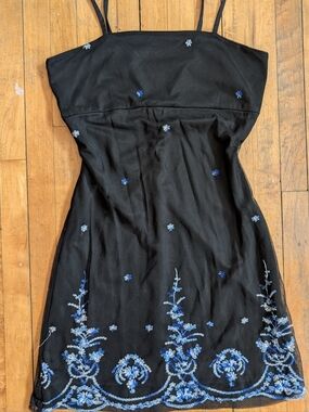 Black Spaghetti-Strap Baby Doll Mini Dress Floral Embroidery 90s Y2K Mesh XS